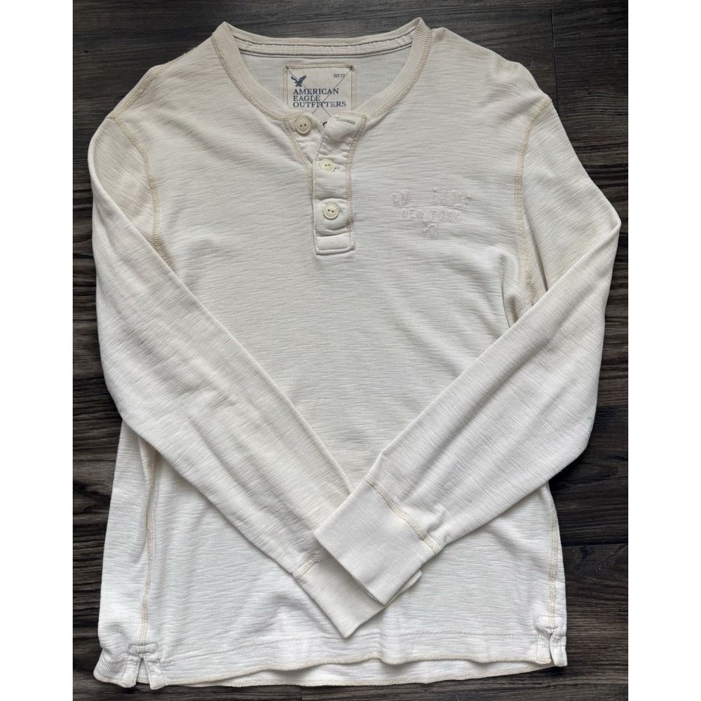 Thermal Waffle Knit Henley Long Sleeve Top Cream Vintage Y2K Cozycore XL Basic